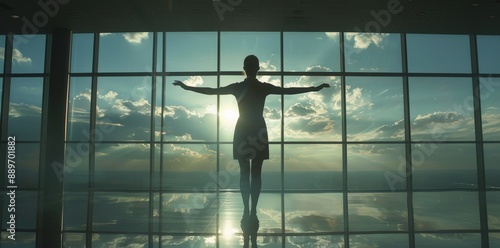 Woman Standing in Sunlit Office Building With Large Windows