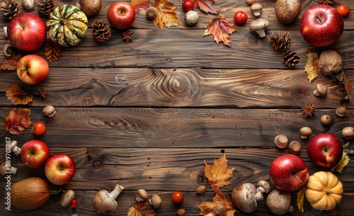 Rustic wooden background with autumn fruits, leaves, and nuts