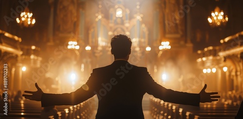Man Standing In A Church With Arms Outstretched