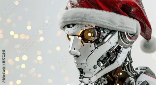 A White Robot Wearing A Santa Hat Looks Toward The Right