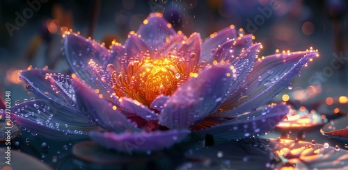 Close-Up of a Purple Lotus Flower Covered in Dew Drops and Glowing With Light