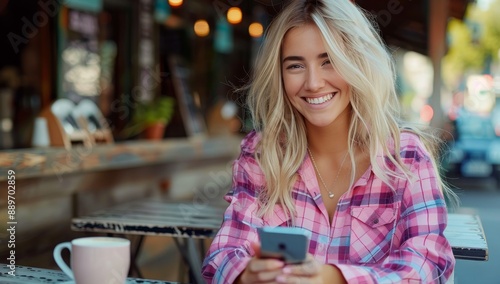 Blonde Woman Uses Phone While Sitting at Outdoor Cafe Table