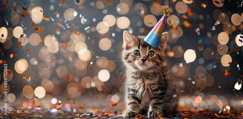A Tabby Kitten Wearing a Party Hat Amidst Confetti