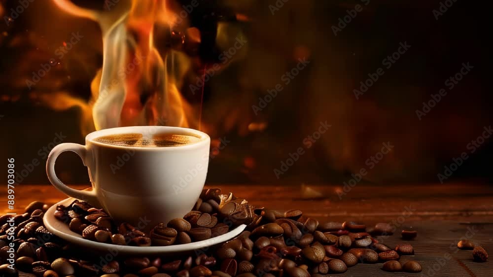 Preparing coffee close up, coffee beans and coffee cup on a dark wooden background Preparing coffee close up, coffee beans and coffee cup on a dark wooden background