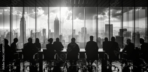 Business Meeting Silhouettes Against Nighttime City Skyline