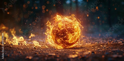 Fiery Orb Burning Brightly on a Forest Floor