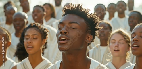 Young Man Singing With a Group of People in a White Robe