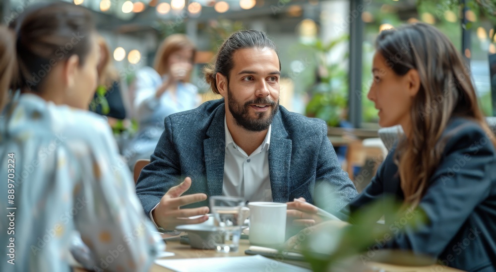 Man With Long Hair Smiles While Talking to Two People in a Cafe Man With Long Hair Smiles While Talking to Two People in a Cafe
