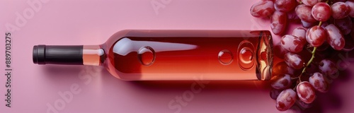 A Single Bottle of Rose Wine With Fresh Grapes on a Pink Background
