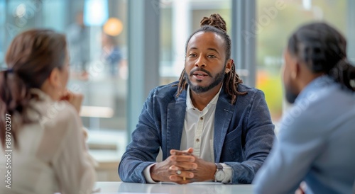 Man With Long Hair Smiles While Talking to Two People in a Cafe