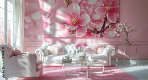 Pink Living Room With White Sofa, Floral Artwork, and Large Window