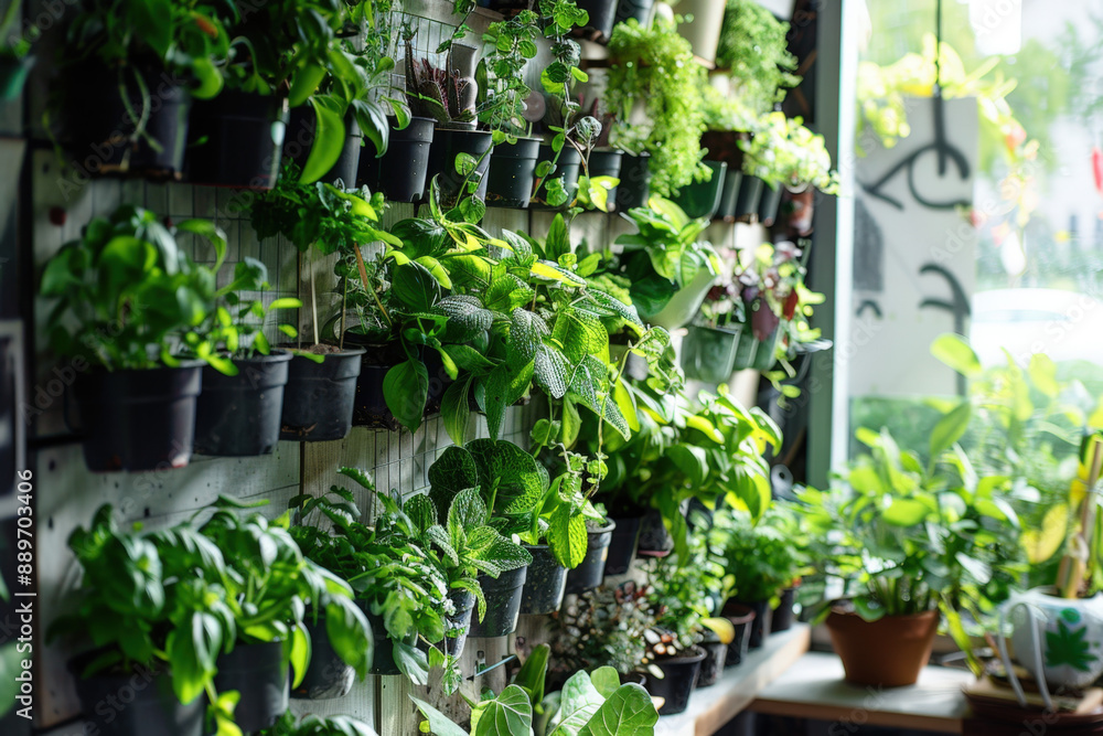 Lush green plants in black pots on a white wall create a cozy, peaceful atmosphere in a modern home, promoting sustainable living and eco-friendly practices Lush green plants in black pots on a white wall create a cozy, peaceful atmosphere in a modern home, promoting sustainable living and eco-friendly practices