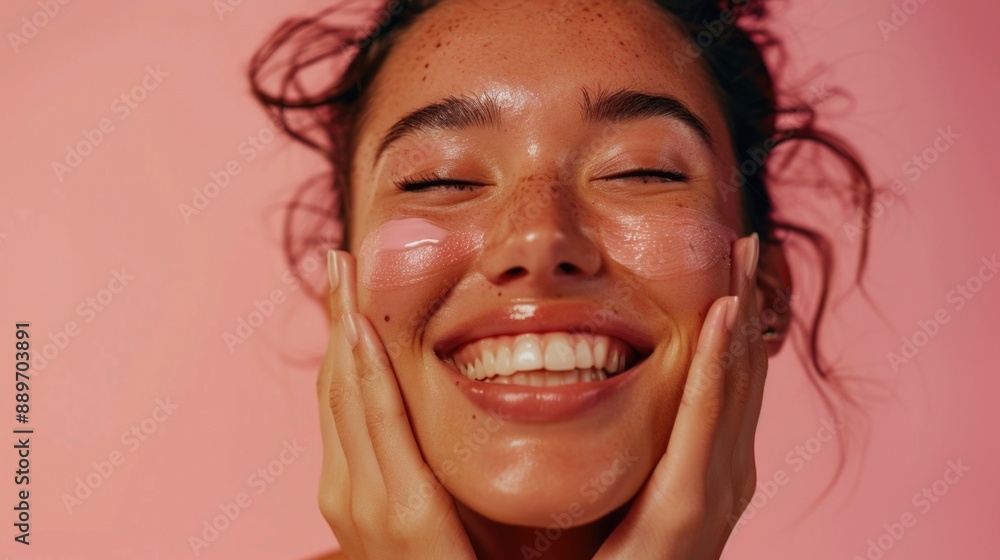 A smiling woman with her hands on her face, looking concerned or hiding behind her hands A smiling woman with her hands on her face, looking concerned or hiding behind her hands