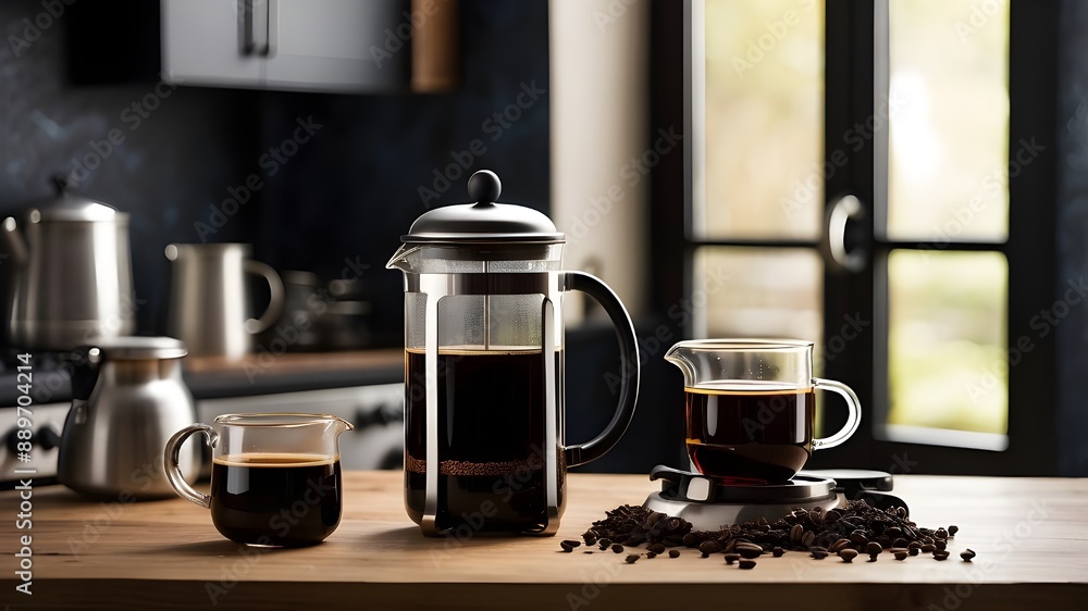 _Black_tea_or_espresso_coffee_in_a_French_press_set_aga _Black_tea_or_espresso_coffee_in_a_French_press_set_aga