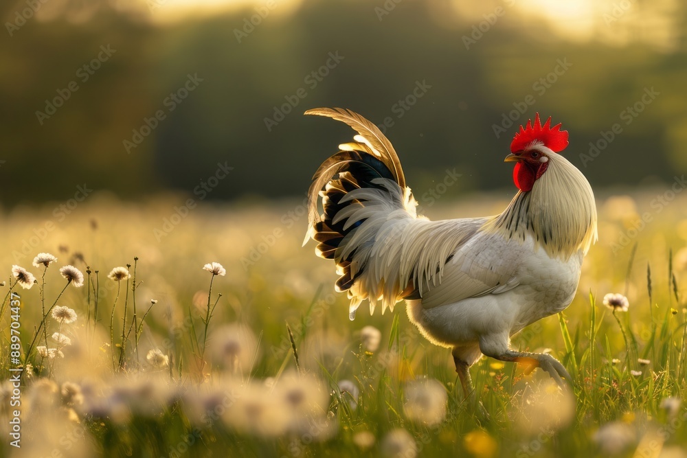 A beautiful Brahma rooster with impressive, feathered legs, strutting through a meadow. A beautiful Brahma rooster with impressive, feathered legs, strutting through a meadow.