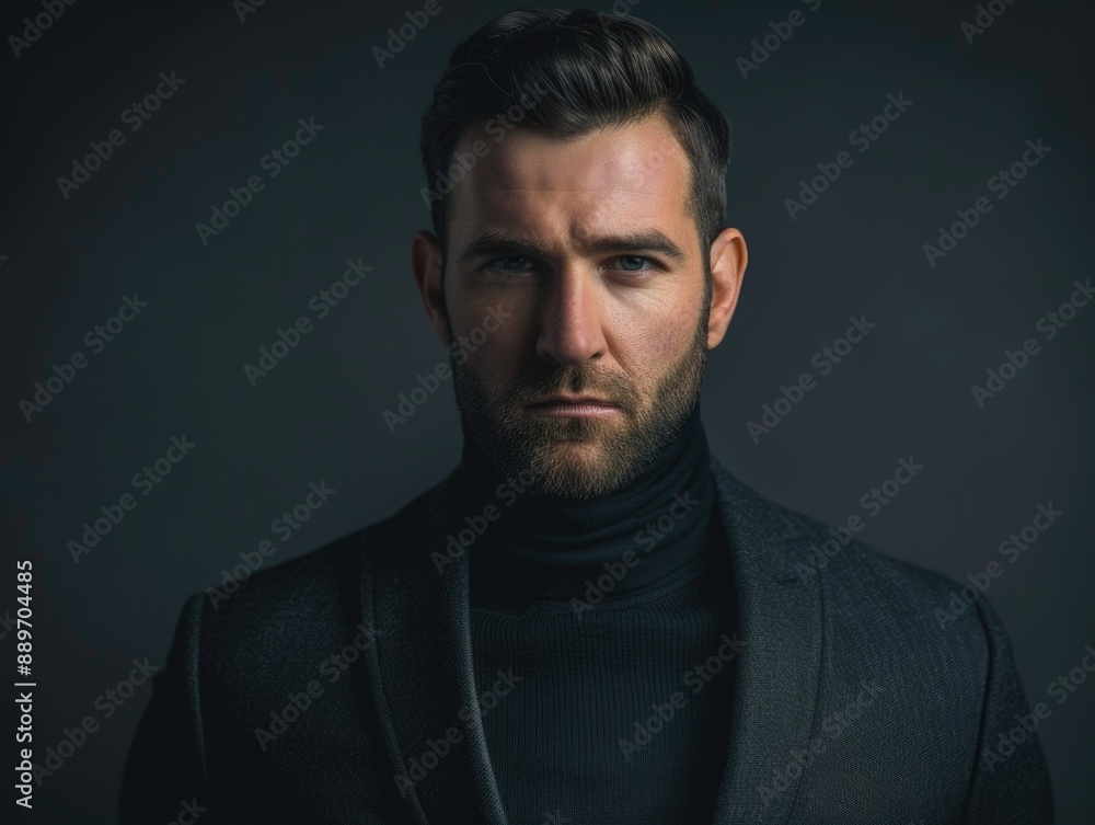 Naklejka premium A man with a long beard wears a black turtle neck sweater, looking stylish