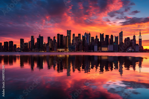 Rush Hour Sunset: A Vivid Display of Skyline and Reflections Highlighting the Energetic Urban Life