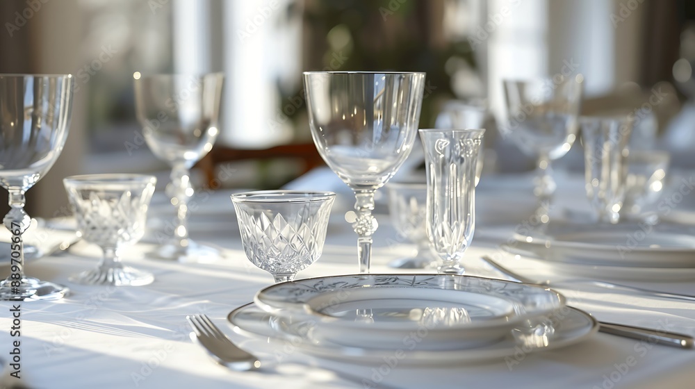 Elegant dining setup with fine china, crystal glasses, and silverware on a clean white tablecloth. 32k, full ultra HD, high resolution Elegant dining setup with fine china, crystal glasses, and silverware on a clean white tablecloth. 32k, full ultra HD, high resolution