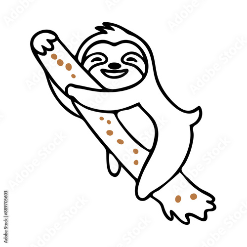 A cartoon sloth with a light brown body and a happy expression, clinging to a brown branch with orange dots. The sloth has a simplistic design with exaggerated features, set against a plain white back