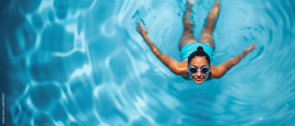 Aerial view of a woman swimming in a pool, wearing goggles and a blue swimsuit, surrounded by clear blue water with a subtle ripple pattern. Aerial view of a woman swimming in a pool, wearing goggles and a blue swimsuit, surrounded by clear blue water with a subtle ripple pattern.