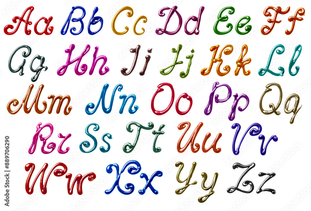 Colorful glossy uppercase and lowercase letters of the Latin alphabet drawn with paint on a white background Colorful glossy uppercase and lowercase letters of the Latin alphabet drawn with paint on a white background