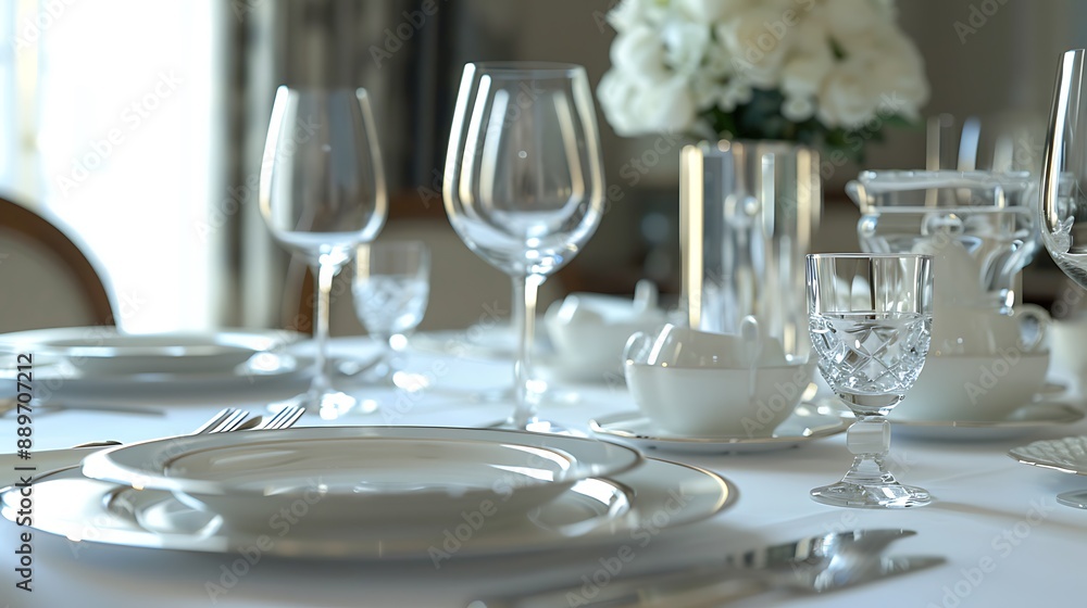 Elegant dining setup with fine china, crystal glasses, and silverware on a clean white tablecloth. 32k, full ultra HD, high resolution Elegant dining setup with fine china, crystal glasses, and silverware on a clean white tablecloth. 32k, full ultra HD, high resolution