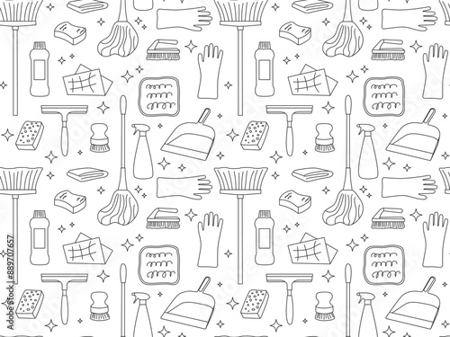 Cleaning equipment seamless pattern. Simple Outline drawn Sponge, brush, mop, spray, rubber gloves. Cleaning service Background. Spring clean elements in Doodle sketch style. 