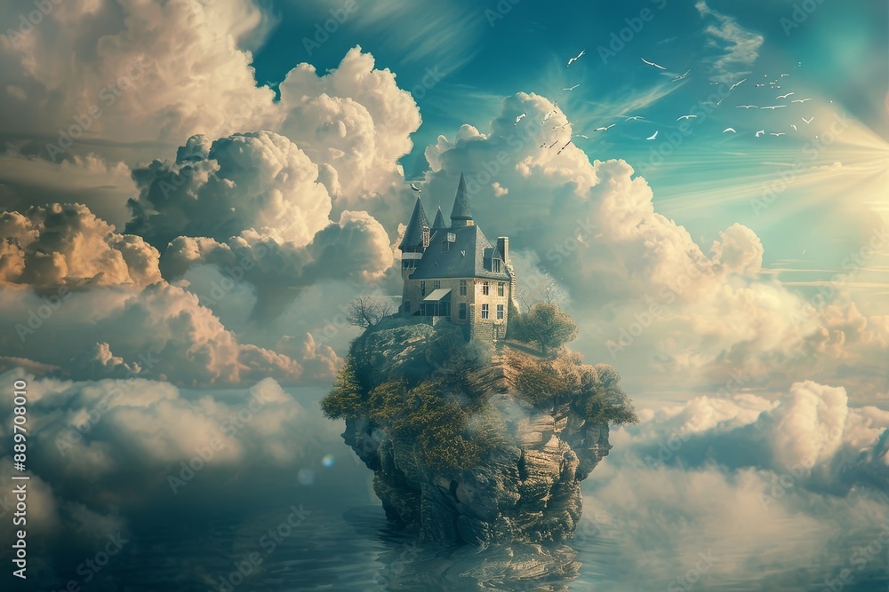 Fototapeta premium Surreal Dreamscape with Floating Mirrors and Lone Figure in a Misty Mountain Landscape