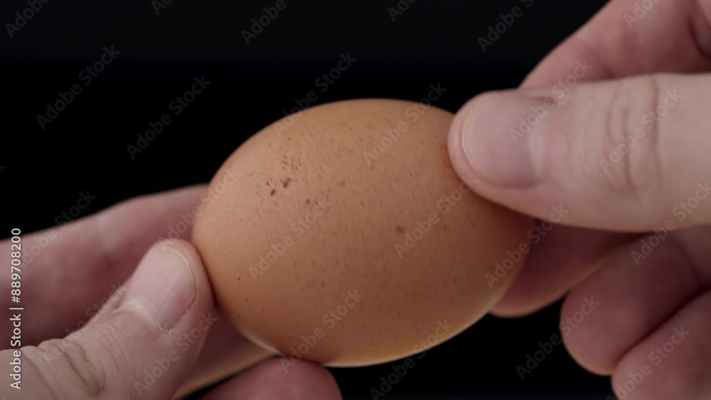 Male hands hold an egg and closely quality checks it for any cracks or imperfections. Macro view of inspecting an eggshell.