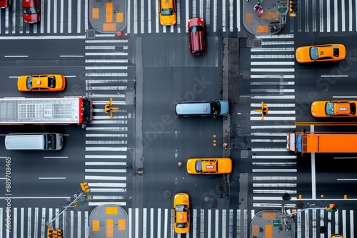 Aerial view of a busy city intersection with yellow taxis, buses, and cars navigating through the crosswalks and traffic lines. photo