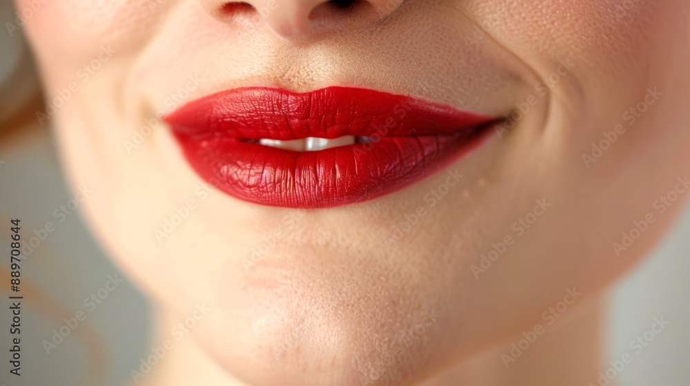 Close-up of Caucasian woman with red lipstick and smooth skin. Concept of beauty, makeup, cosmetics, skincare Close-up of Caucasian woman with red lipstick and smooth skin. Concept of beauty, makeup, cosmetics, skincare