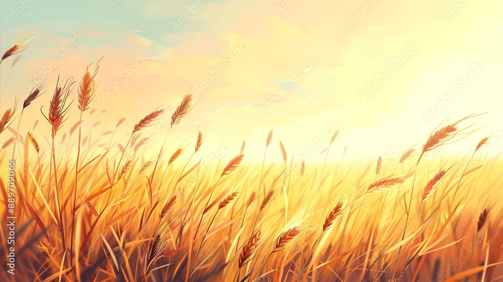 Golden wheat field at sunset. Concept of agriculture, serenity, harvest time, rural landscape. Digital art Golden wheat field at sunset. Concept of agriculture, serenity, harvest time, rural landscape. Digital art