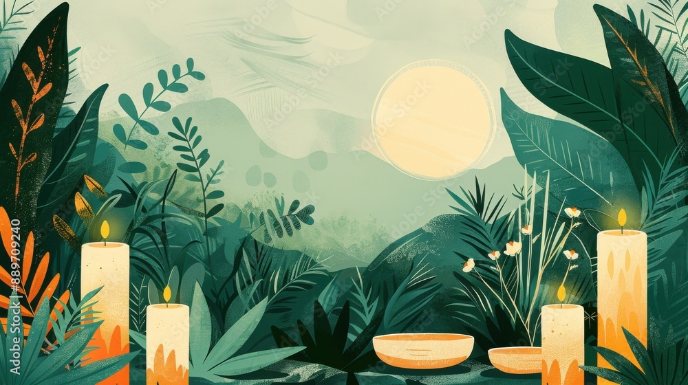 An illustration of mindfulness practices, with candles, plants, and serene landscapes An illustration of mindfulness practices, with candles, plants, and serene landscapes