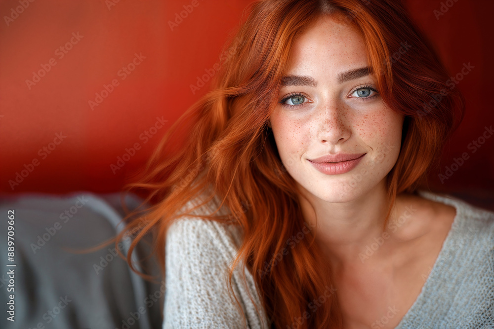 Portrait of a beautiful red-haired woman with freckles looking at the camera with a gentle expression Portrait of a beautiful red-haired woman with freckles looking at the camera with a gentle expression