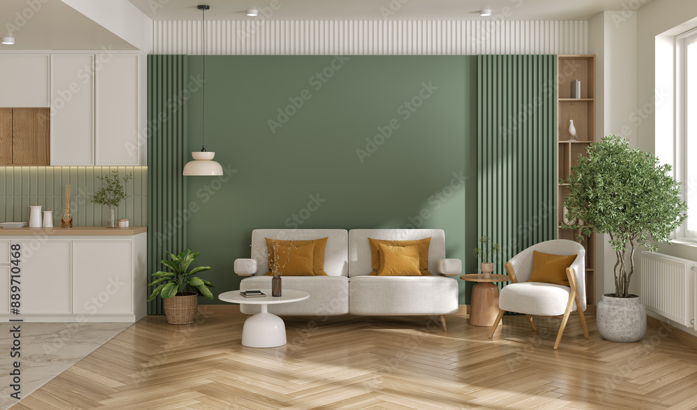 Minimal Scandinavian interior living room design,cozy home have new white sofa with green wall mockup with cabinet and wood floor parquet,3d render Minimal Scandinavian interior living room design,cozy home have new white sofa with green wall mockup with cabinet and wood floor parquet,3d render