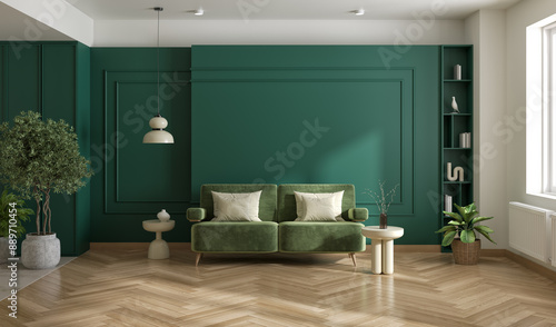 Interior of living room design ,,cozy home have new green sofa with green cabinate ,wood floor dark green wall , 3d render photo