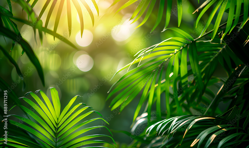 Obraz premium Palm leaves in a tropical forest illuminated by the sun's rays