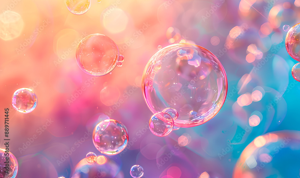 Multicolored soap bubbles float in the air, with a brightly lit background Multicolored soap bubbles float in the air, with a brightly lit background