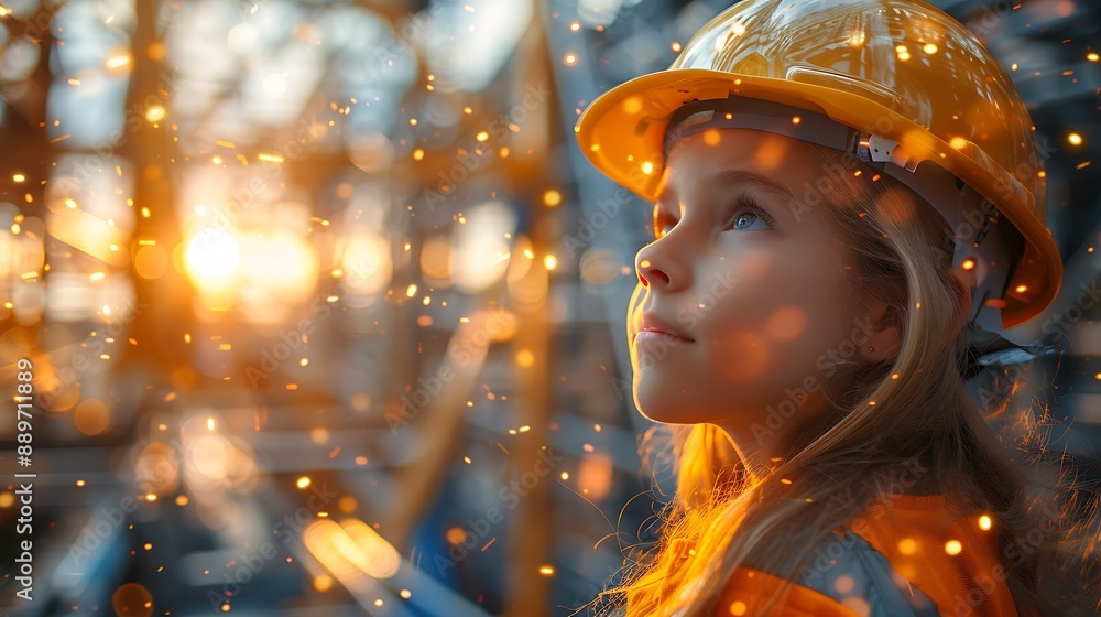 Amusement park safety concept image with portrait of a young girl kid wearing a safety hat letting see amusement park ride in background Amusement park safety concept image with portrait of a young girl kid wearing a safety hat letting see amusement park ride in background