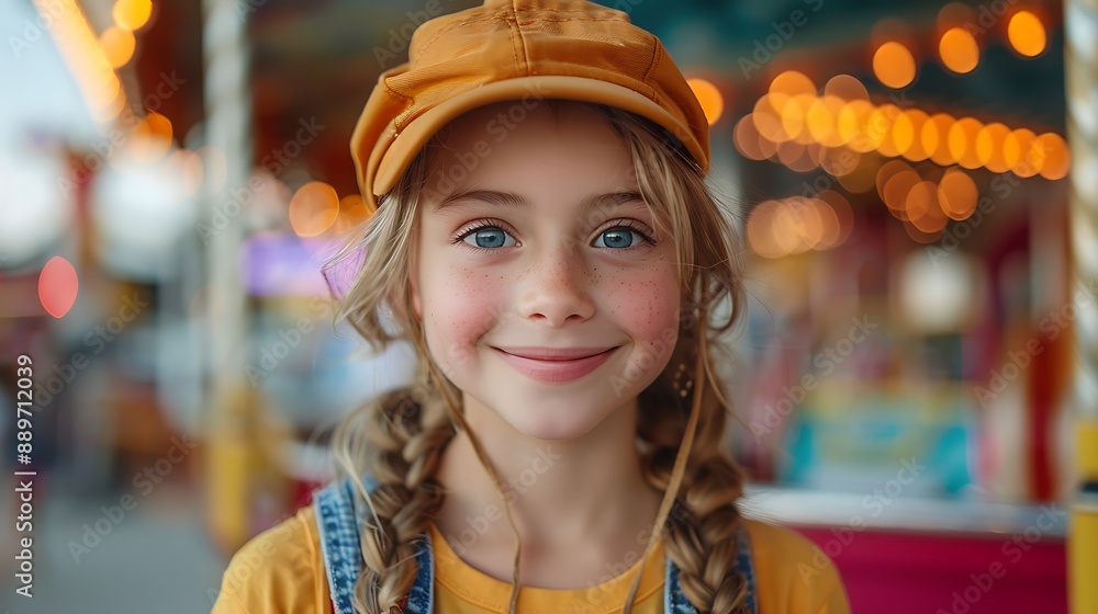 Obraz premium Amusement park safety concept image with portrait of a young girl kid wearing a safety hat letting see amusement park ride in background 