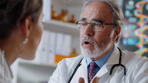 Male doctor Medical Geneticist discussing genetic treatments in a clinic photo