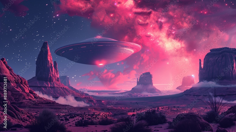 A Flying Saucer Hovering Over a Desert Landscape at Night A Flying Saucer Hovering Over a Desert Landscape at Night