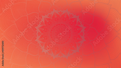 Round mandala on dreamy peach fuzz gradient background. Translucent mesh pattern in the form of a mandala. Mandala with floral patterns. Pastel Yoga template. Gradient background with round mandala.