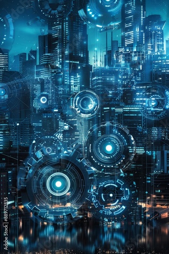 Wallpaper Mural Futuristic Smart City with Integrated Gears Illustrating Advanced Technology and Innovation Torontodigital.ca