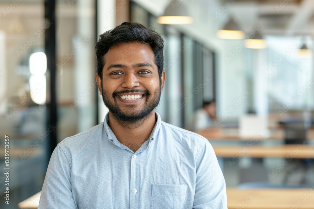 Happy, smiling, bearded Indian businessman in a headshot photo, standing in his office and staring at the camera. He might be a single employee Happy, smiling, bearded Indian businessman in a headshot photo, standing in his office and staring at the camera. He might be a single employee