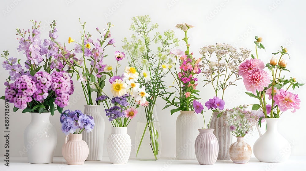 Beautifully arranged fresh flowers in elegant vases on a clean white background. 32k, full ultra HD, high resolution Beautifully arranged fresh flowers in elegant vases on a clean white background. 32k, full ultra HD, high resolution