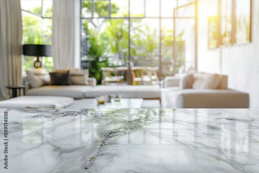 Over a bright living room background, a white marble top table is used for a showcase montage. Over a bright living room background, a white marble top table is used for a showcase montage.