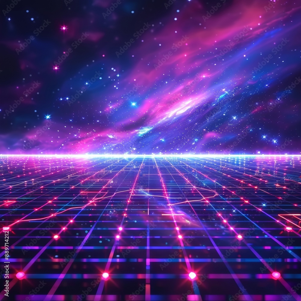 Obraz premium Synthwave wireframe net illustration. Abstract digital background. 80s, 90s Retro futurism, Retro wave cyber grid. Deep space surfaces. Neon lights glowing. Starry background. 3D, Generative AI