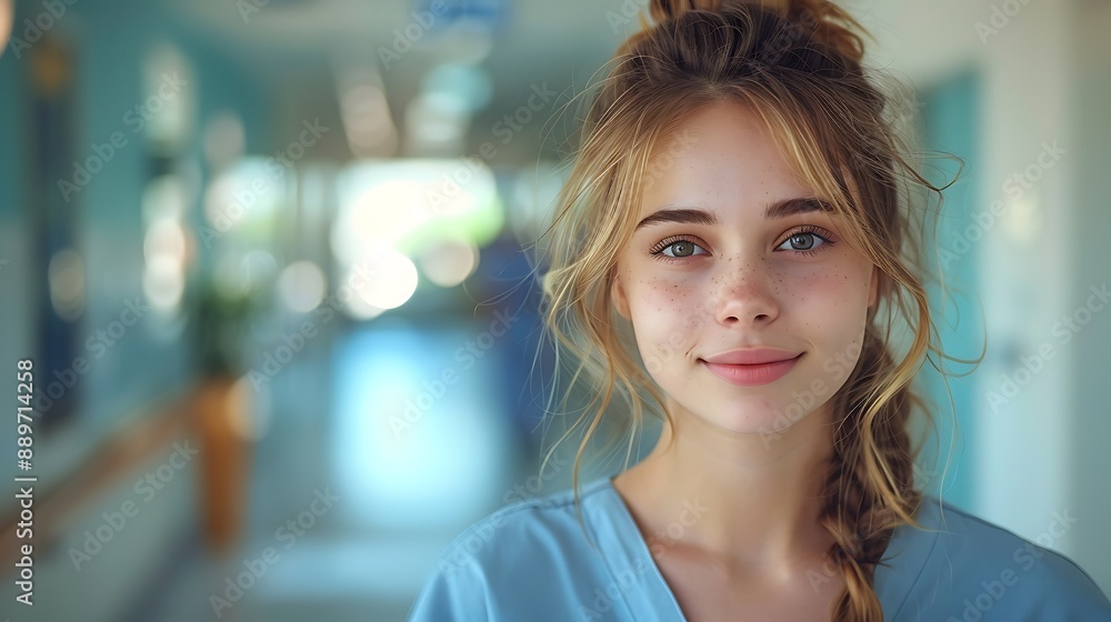 Portrait of young woman nurse at hospital corridor Portrait of young woman nurse at hospital corridor