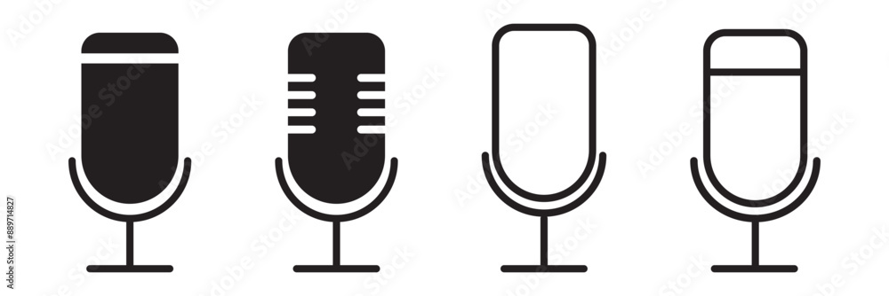 Microphone icon set. audio speech podcast mic vector symbol. thin line microphone pictogram. voice record mike icon in black filled and outlined style. Microphone icon set. audio speech podcast mic vector symbol. thin line microphone pictogram. voice record mike icon in black filled and outlined style.